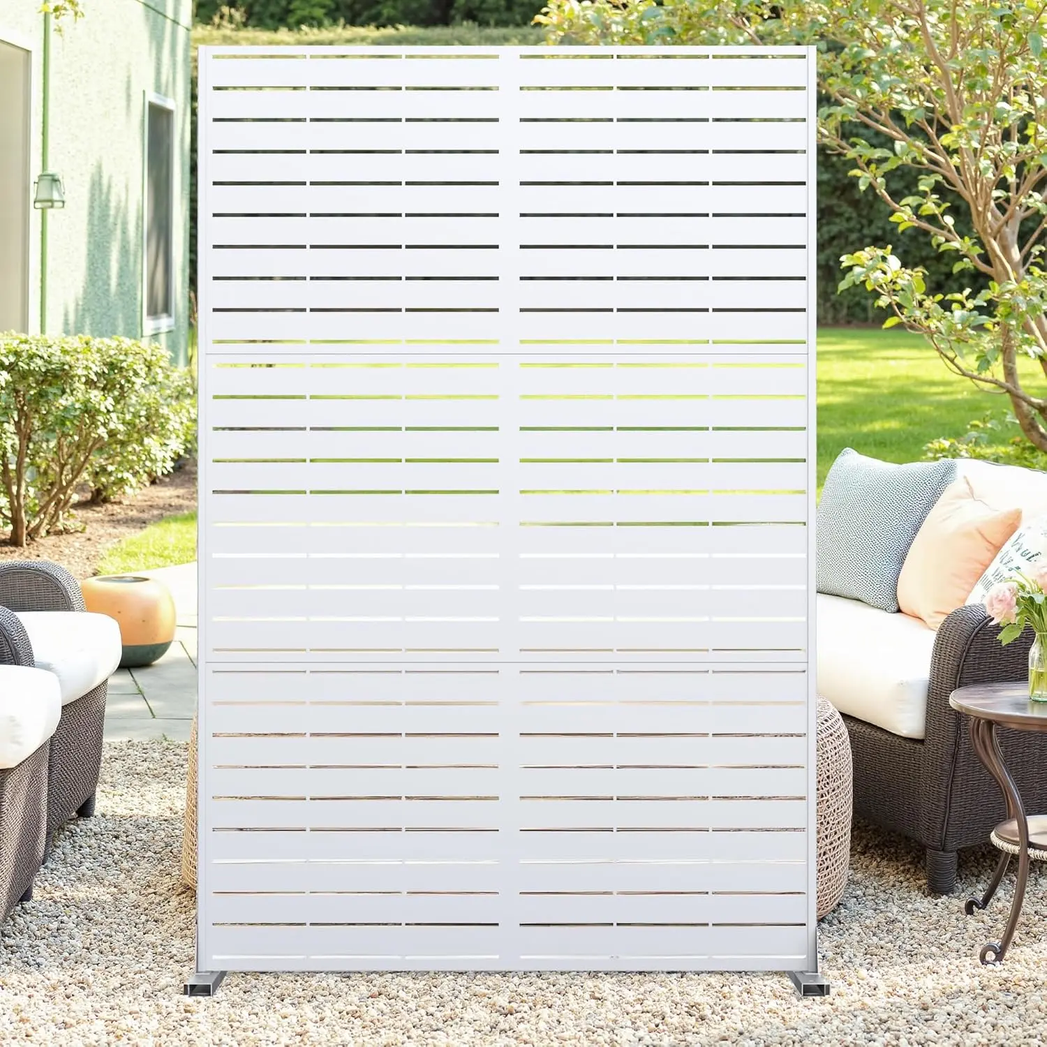 Gaomon Galvanized Steel Privacy Screen - 72" H x 47" W 3-Panel Rectangular Freestanding Fence with Stand, Horizontal Slats, Fade-Resistant, Corrosion-Resistant, Weatherproof Decorative Unit with Hardware for Patios, Pool, Backyard, Enhances Privacy
