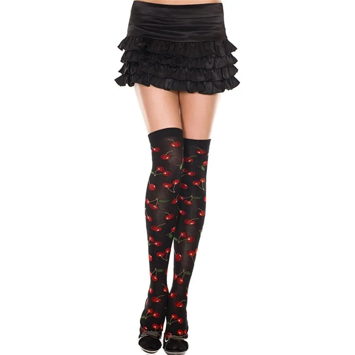 Music Legs Women's Underwear Cherry Print Acrylic Thigh High Stockings - 4607-Black-Red, Fit for Costume, Role Play, Bold Look with Playful Touch