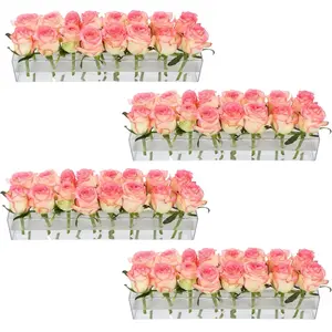 4 Pack Clear Acrylic Flower Vase Centerpiece for Dining Table,63.2 Inch Rectangular Floral Low Vases with 64 Holes for Dining Table Modern Flower Arrangement for Home Decor or Weddings