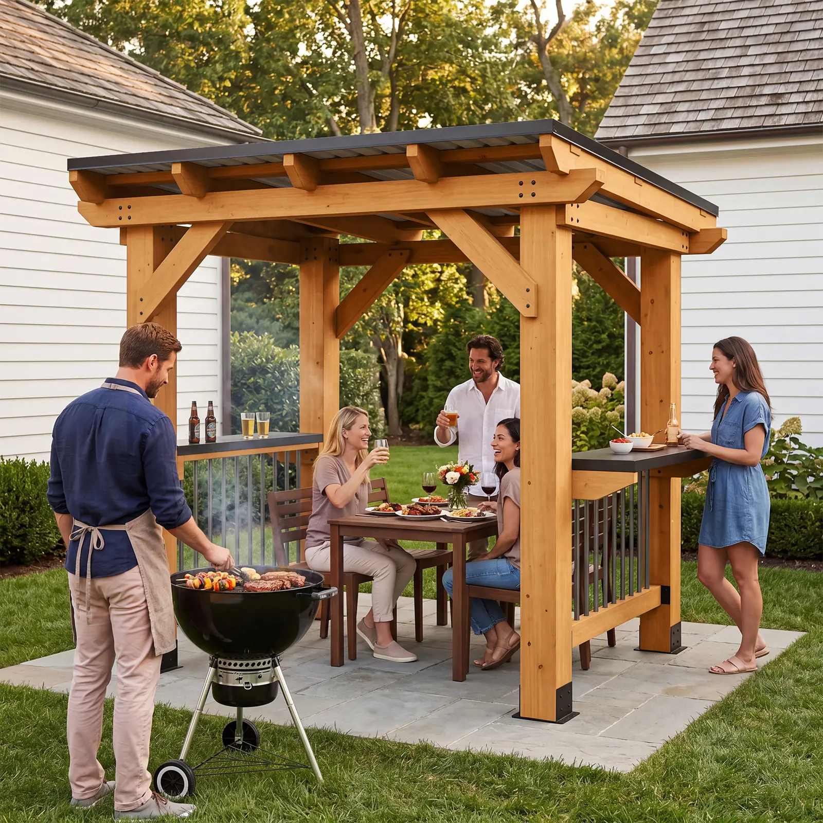 Aoxun 8'x5' Cedar Wood Grill Gazebo, Hardtop BBQ Pavilion with Galvanized Steel Sloped Roof, Weatherproof Power Strip with USB & USB-C Ports, Dual Side Bar Shelves, Permanent Outdoor Grill Shelter for Backyard Patio Lawn