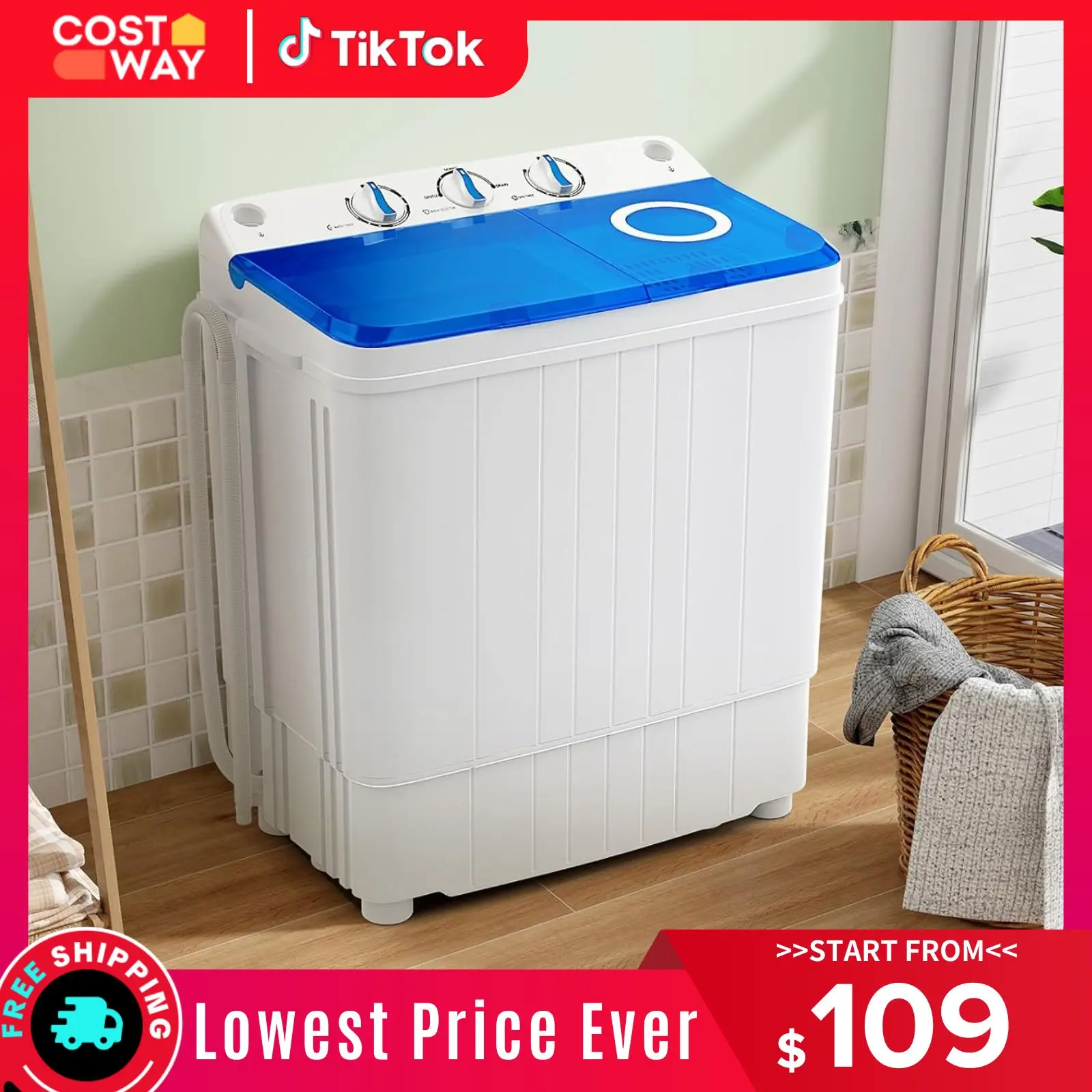 COSTWAY Portable Washing Machine, 26/20/17.6/13lbs Twin Tub Washing Machine w/Drain Pump, Semi Automatic Compact Washer & Sipnner, Portable Washer Dryer Combo for Apartments Dorms RV Camping,4th of july decor, dad gift
