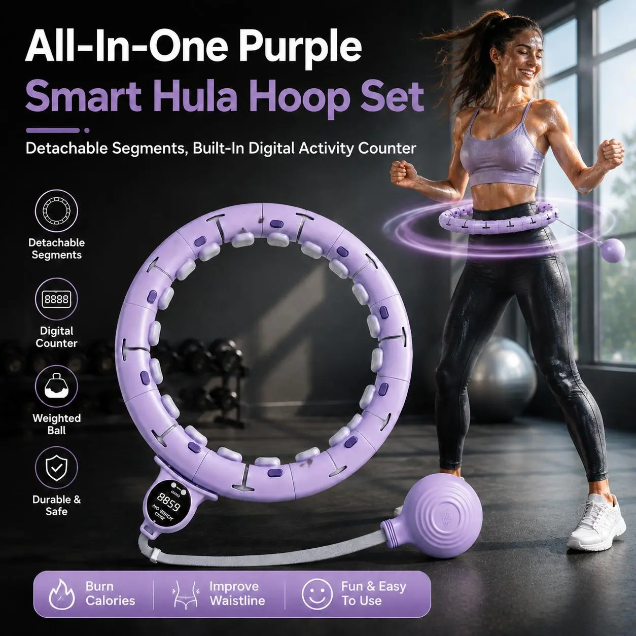Purple Smart Fitness Hoop Set, Detachable Adjustable Segments with Digital Counter & Silent Steel Bearings, 360° Silicone Massage Pads, Weighted Ball, Portable At-Home Workout Equipment Fits 65cm-90cm Waist
