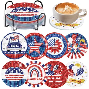 8-piece 5D Diamond Art Kit, Independence Day DIY Diamond Painting Coasters, with tool kit, cork mat, and storage rack. Suitable for adult craft enthusiasts.