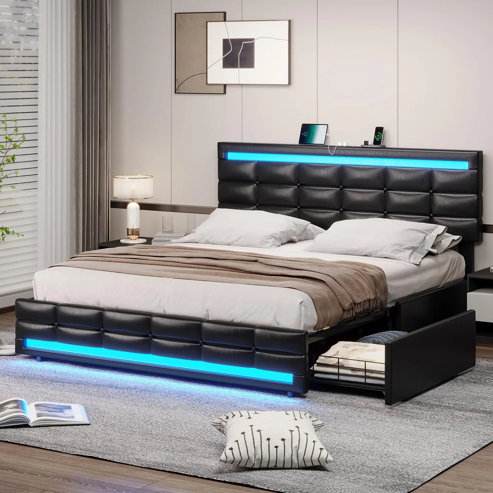 SIKAIC Queen Size PU Leather Upholstered Modern Platform Bed Frame - Adjustable Silent Design, LED Lights, Storage Drawers, USB Port Charging Station, Assembly Required Black Smart Bed for Modern Bedroom, Bed Frame For Queen, Led Frame Beds