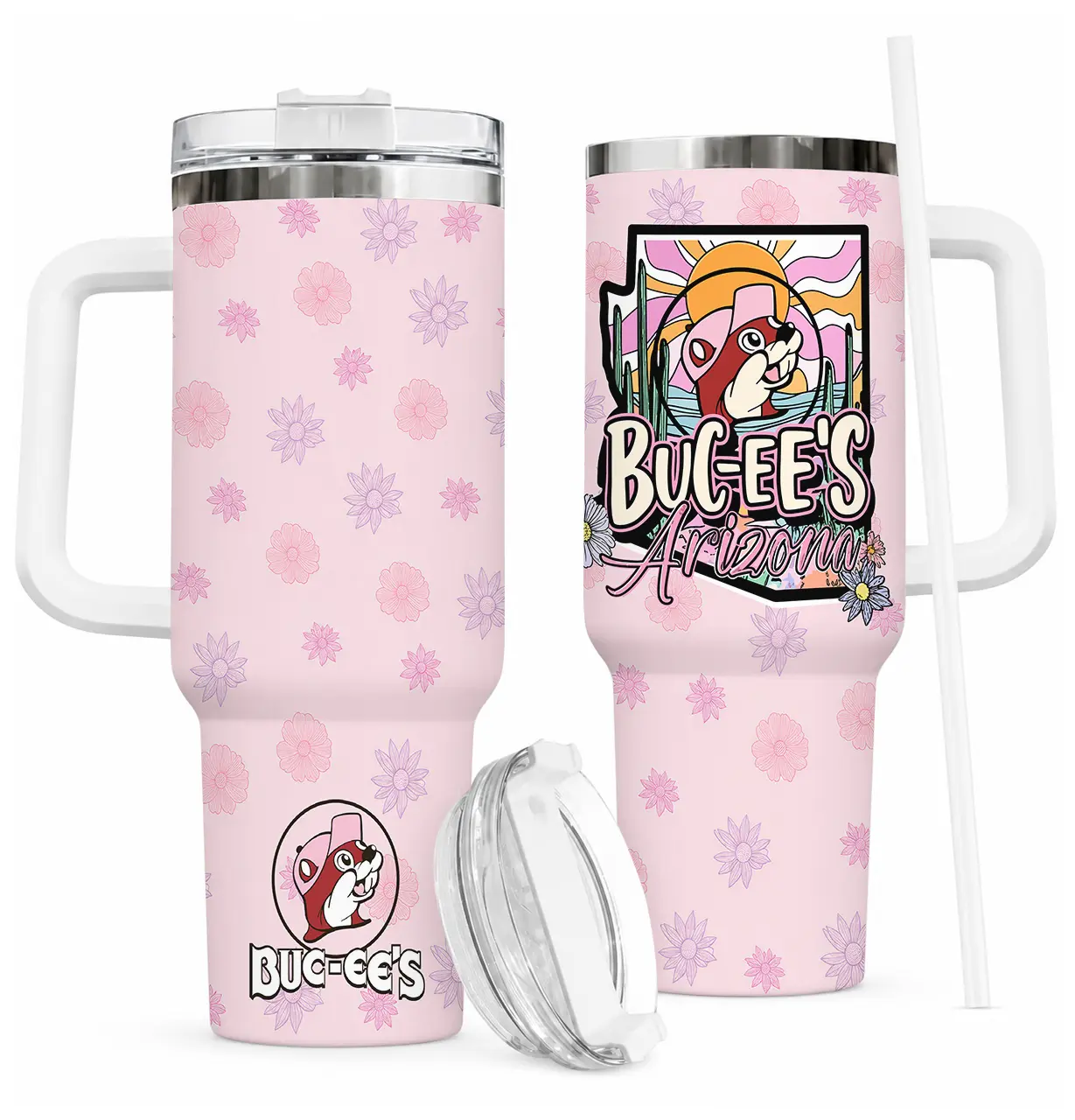Buc-ee's Arizona 40oz Insulated Tumbler with Handle and Straw, Pink Floral Daisy Pattern Travel Mug, Double Wall Vacuum Leak-Proof Water Bottle, Fan Merch Gift