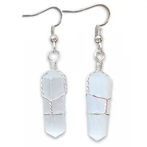 Selenite Stone Wired Wrapped Double Point Earrings