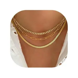 Gold Layered Necklaces for Women, 14K Gold Plated Dainty Gold Chain Choker Necklace Stack, Herringbone Gold Necklaces Set