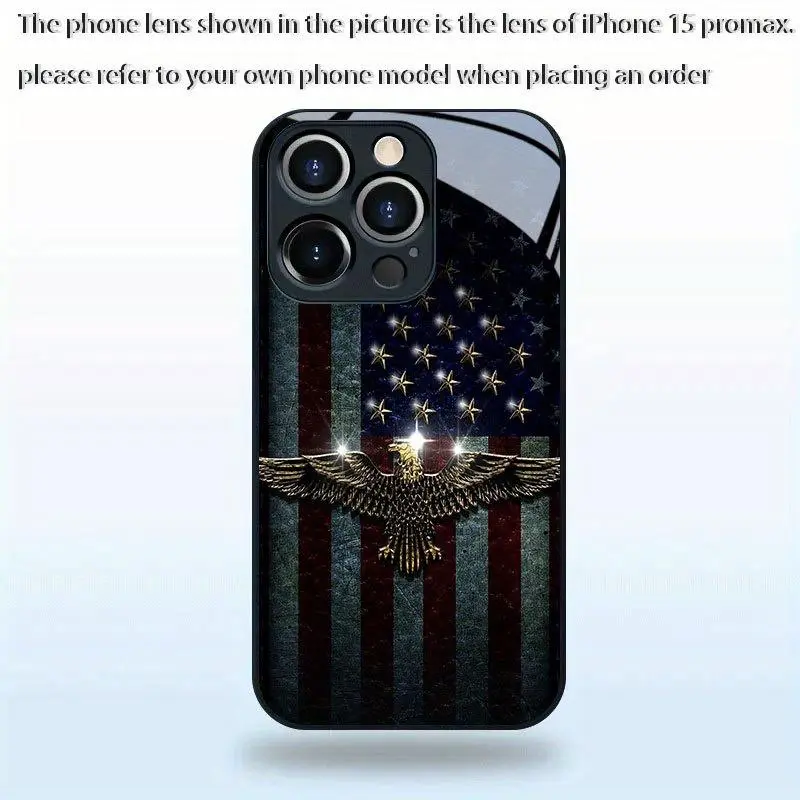 American flag and eagle design in gold, suitable for iPhone 17 16 15 14 13 12 11 PRO MAX PLUS,AIR. This dedicated phone case is stain-resistant, stylish, and made of tempered glass. An ideal gift for holidays, friends, and family.