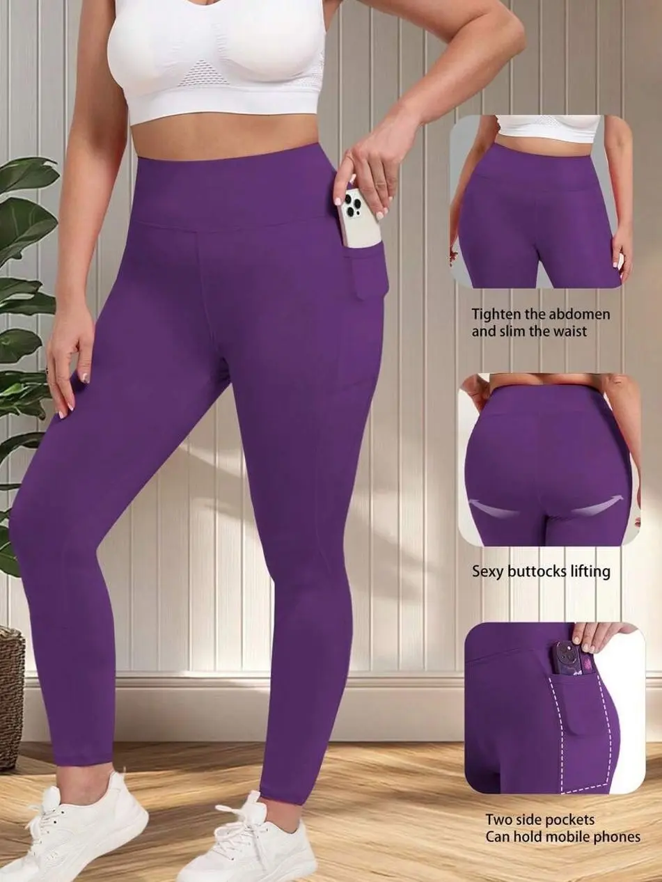 Women's Plus Size Leggings With Pockets Stretchy XL-5XL Yoga Pants Tummy Control High Waist Workout Leggings Spring Hot Pink Knitted Fabric