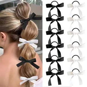 12 count Silky Satin Hair Bows Ties for Girls, Bowknot Ribbon Ponytail Holders, Cute Bow Hair Accessories for Bubble Braids, Black & White No  Hair Bands, Elastics Hair Ties for Women Girls Teens