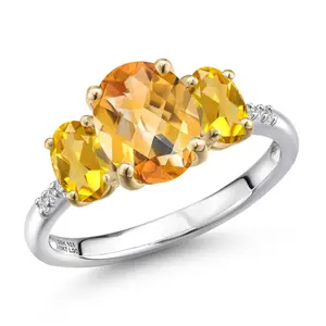 925 Silver and 10K Yellow Gold Yellow Citrine and Lab Grown Diamond Engagement Ring For Women | 2.61 Cttw | Oval Checkerboard 9X7MM | November Birthstone