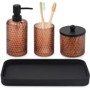 Bathroom Accessories Set,4 Pcs  Glass Bathroom Accessories Sets-Lotion Soap Dispenser, Holder,Qtip Holder Dispenser &  Vanity Tray,Countertop Vanity Organizer,