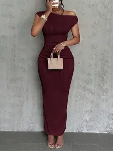 Women's Elegant Bodycon Summer Dress, Plain Pattern, Casual Beachwear, Sexy Asymmetrical Neckline, Long Sleeveless Design, All Seasons