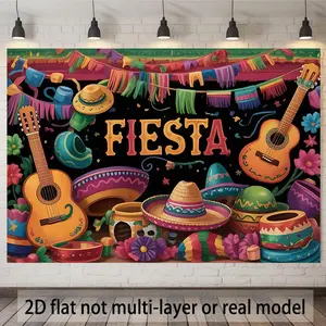 1pc Large 2D Flat Polyester Mexican Fiesta Party Banner - Spanish-Themed Ornaments with Maracas, Sombreros, Guitars, FIESTA Letters - Multicolor Latin Decor for Birthdays, Cinco de Mayo,summerwins