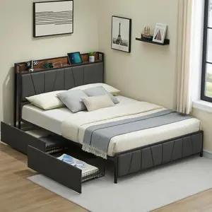 Fathersdaygift Summervibes Flash sale home items Upholstered Bed Frame with Storage Headboard & 2 Drawers - Built-in Charging Station, Heavy-Duty Platform, Easy Assembly, Noise-Free Design, No Box Spring Required - Twin/Full/Twin XL Sizes, Grey & Brown