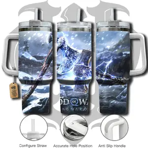 HardTimesMerch - God Of War Ragnarok 40oz Handle Tumbler Stainless Steel Travel Mug, Anime Inspired Vacuum Insulated Cup, Large Iced Coffee Tumbler, Manga Fighter Drinkware, Otaku Gift for Him Her