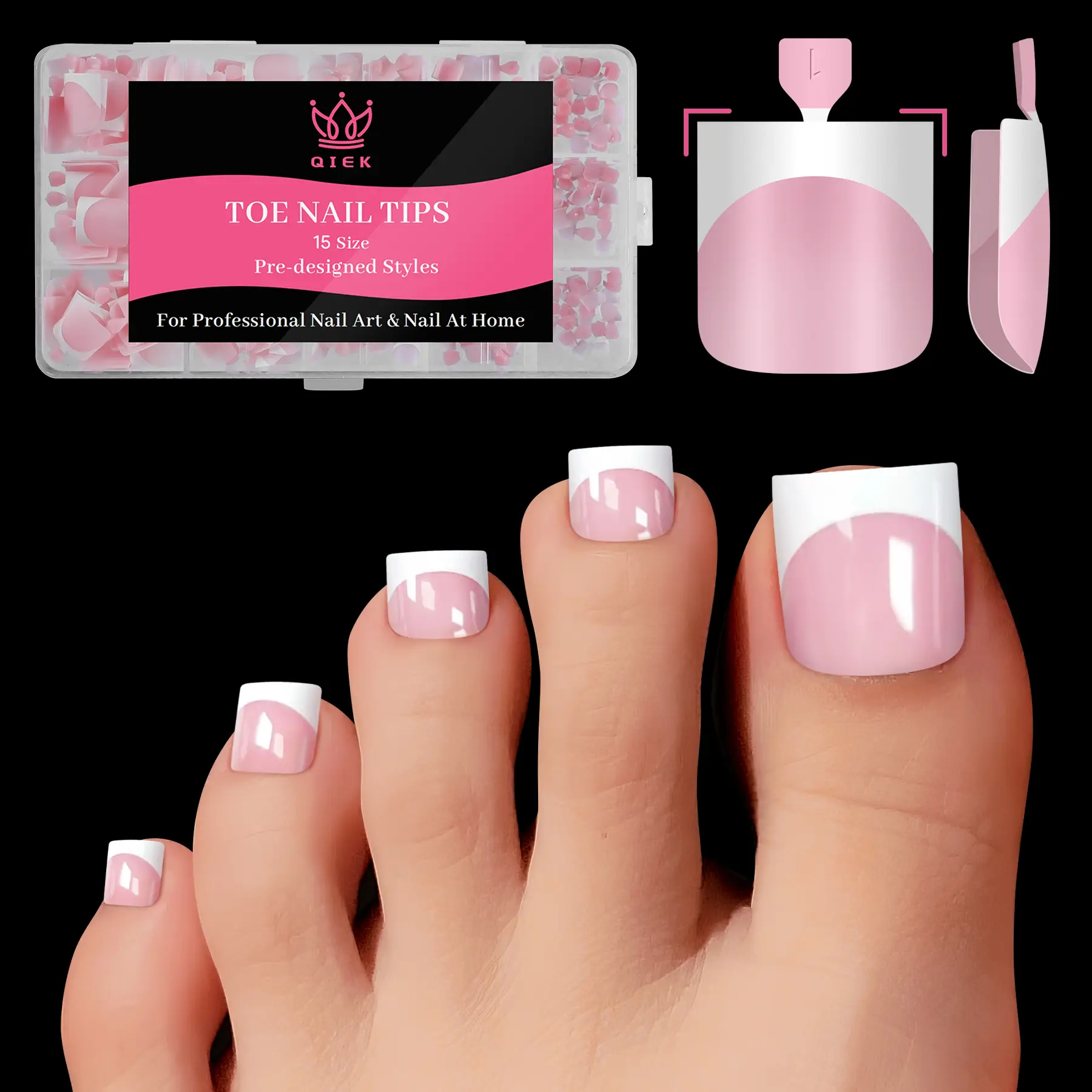QIEK Toe Nail Press Ons French Tip,  #effortlessbeauty，Pre-Designed Fake Toenail Press Ons for Women DIY, Soft False Acrylic Nail Extension 15 Sizes,