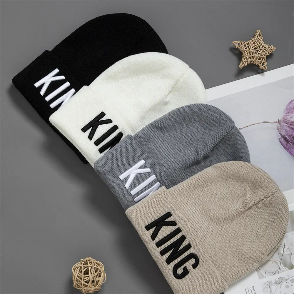 2pcs Autumn and Winter Solid Color Embroidered lettersWoolen Hat Men's Warm Ear Protection Versatile Simple Knitted Hat Women