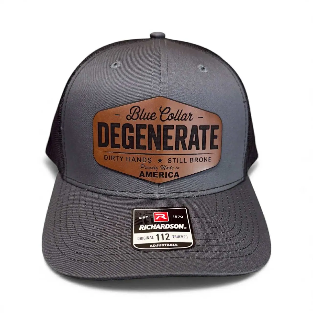 Richardson Men's 112 Flat Bill Classic Snapback Mens Hat - Blue Collar Degenerate Design, Laser Engraved Leatherette Patch, 60/40 Cotton-Polyester Fabric, Adjustable Closure, Mens Hats