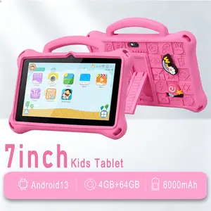 7-inch children's tablet computer Android 13 4GB RAM 64GB ROM supports WIFI Bluetooth function, parents can control pre installed educational learning software, shockproof silicone protective cover can support protective cover, dual cameras