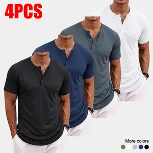 Men’s casual Henley shirt with short sleeves and button placket, made from breathable fabric—ideal for beach vacations and everyday wear.