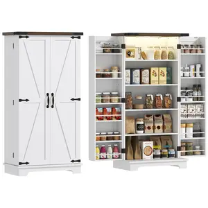 HOMCOM 47" LED Kitchen Pantry Cabinet, Farmhouse Storage Cabinet with 5 Deep Shelves and 12 Door Shelves, Freestanding Food Pantry with Barn Door, White