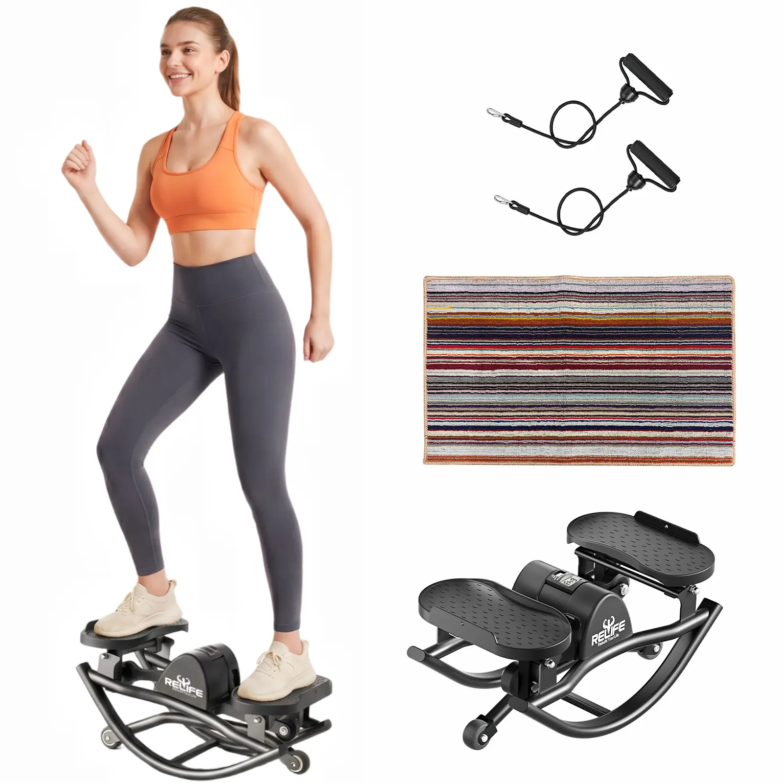 RELIFESPORTS Lateral Rocking Stepper, Quiet Low-Impact Home Workout Equipment with Dual Modes, Resistance Bands & Monitor, Alloy Steel Frame, 330 LBS Capacity, Multifunctional Fitness Tool, Exercise Equipment