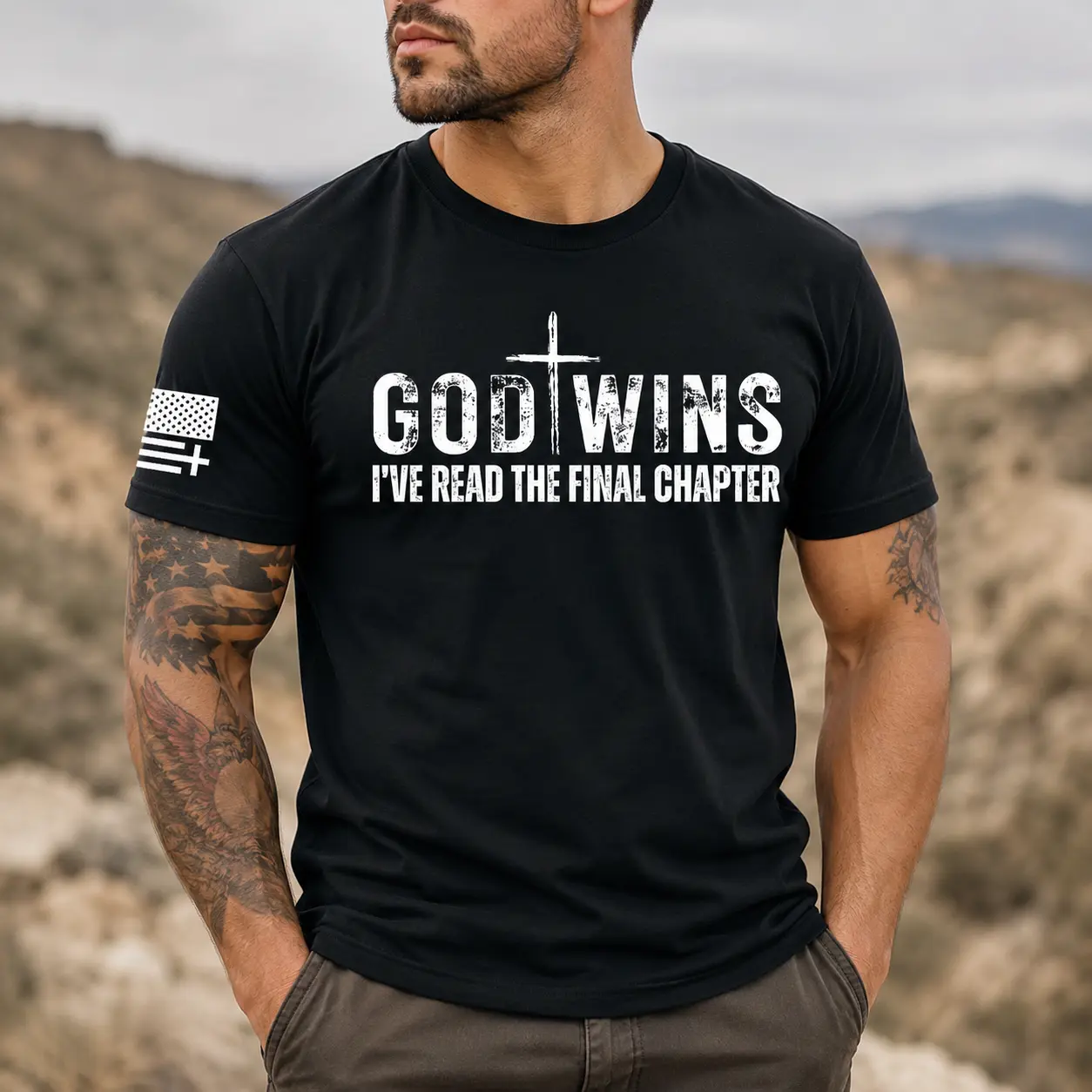 TRENZ SHIRT COMPANY Men's God Wins T-Shirt, Casual Christian Faith Biblical Print Tee in 100% Cotton, Relaxed Fit Short-Sleeve Crewneck, Biblical Print Men's Short-Sleeve T-Shirts