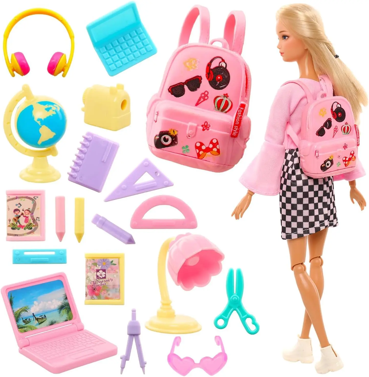 19PCS Girl Doll School Accessories Set for 11.5 Inch Doll – Mini Backpack, Laptop, Desk Lamp, Globe, Glasses & Headset, Classroom Pretend Play (Doll Not Included)