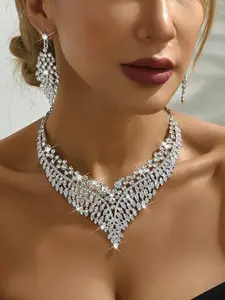 Women's Elegant Rhinestone Decorated Jewelry Set, Exquisite Trendy Pendant Necklace & Dangle Earrings, Chic Fashionable Jewelry Set for Party & Wedding Decor