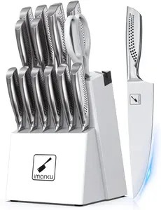 Imarku Knife Set, Japanese HC Stainless Steel 15 PCS Kitchen Knife Set With Block With Built-in Sharpener, Razor-Sharp Blade Knife Block Set With Dotted Ergomomic Handle, Best Birthday Gifts