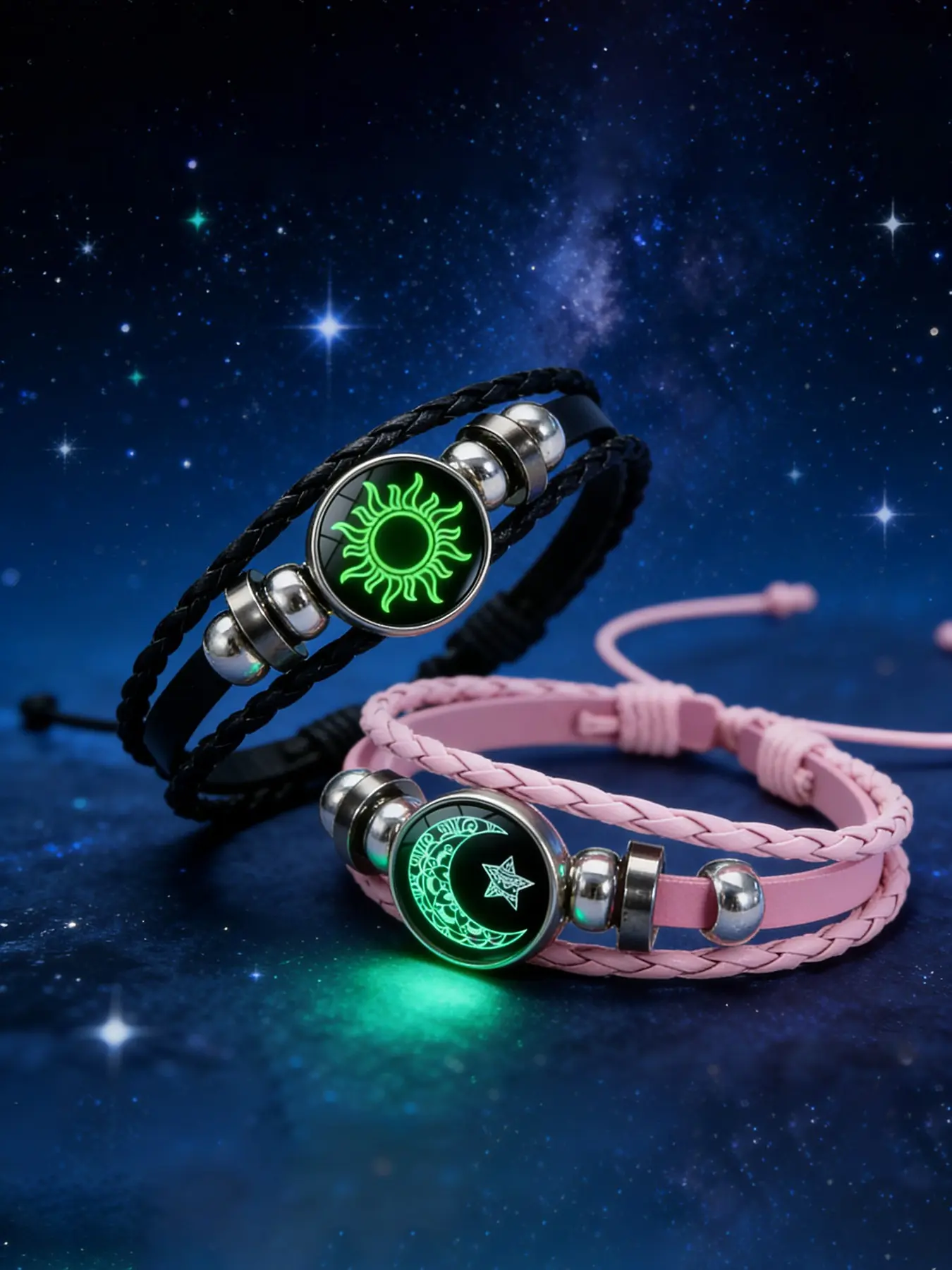 2-Pack Glow-In-The-Dark Couple Bracelets, Versatile Accessory, Handmade Sun Moon Design, Unisex Fashion Jewelry, Perfect Gift for Friends and Family, Fashionable Couple Bracelet
