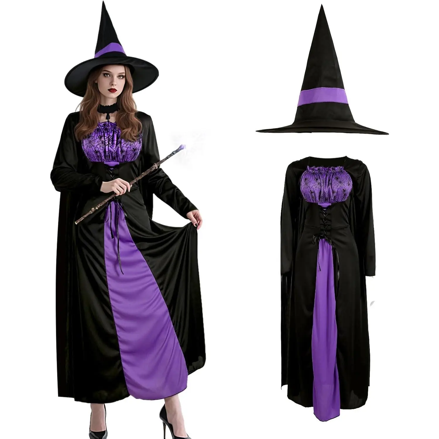 Women's Medieval Corset Witch Costume Set - Lightweight Fabric Clothes with Matching Witch Hat, Halloween Wicked Dress & Accessories, Fit, Lady, Vintage, Medieval Look, True Size Fit