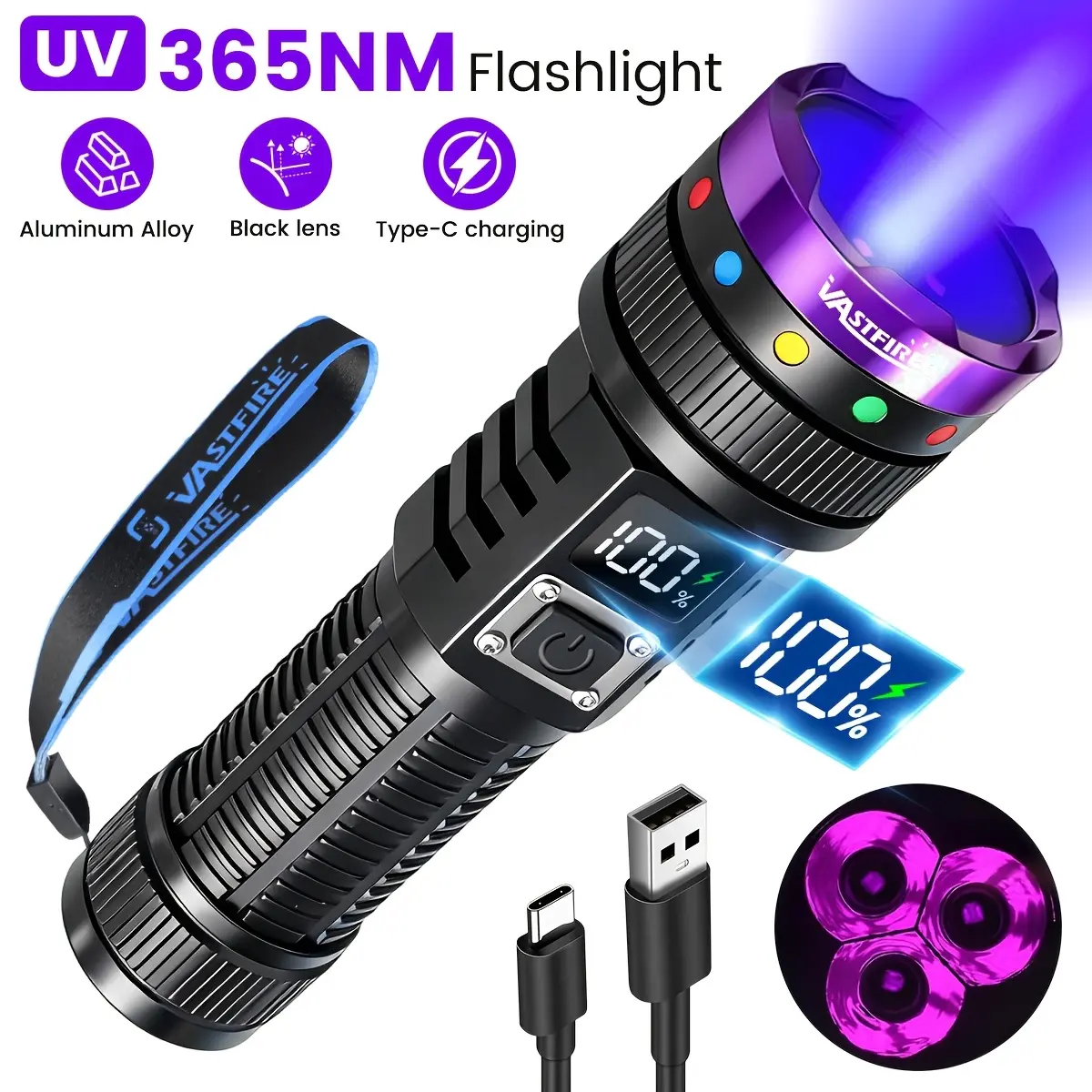 365nm Rechargeable UV Flashlight with Filter Lens, Real-Time Digital Power Display, Strong Ultraviolet Blacklight, LED Cells, High Brightness, Compact Design for Pet Urine Detection, Resin Curing, Camping & Hiking Sports & Outdoor Use, Lcd Power