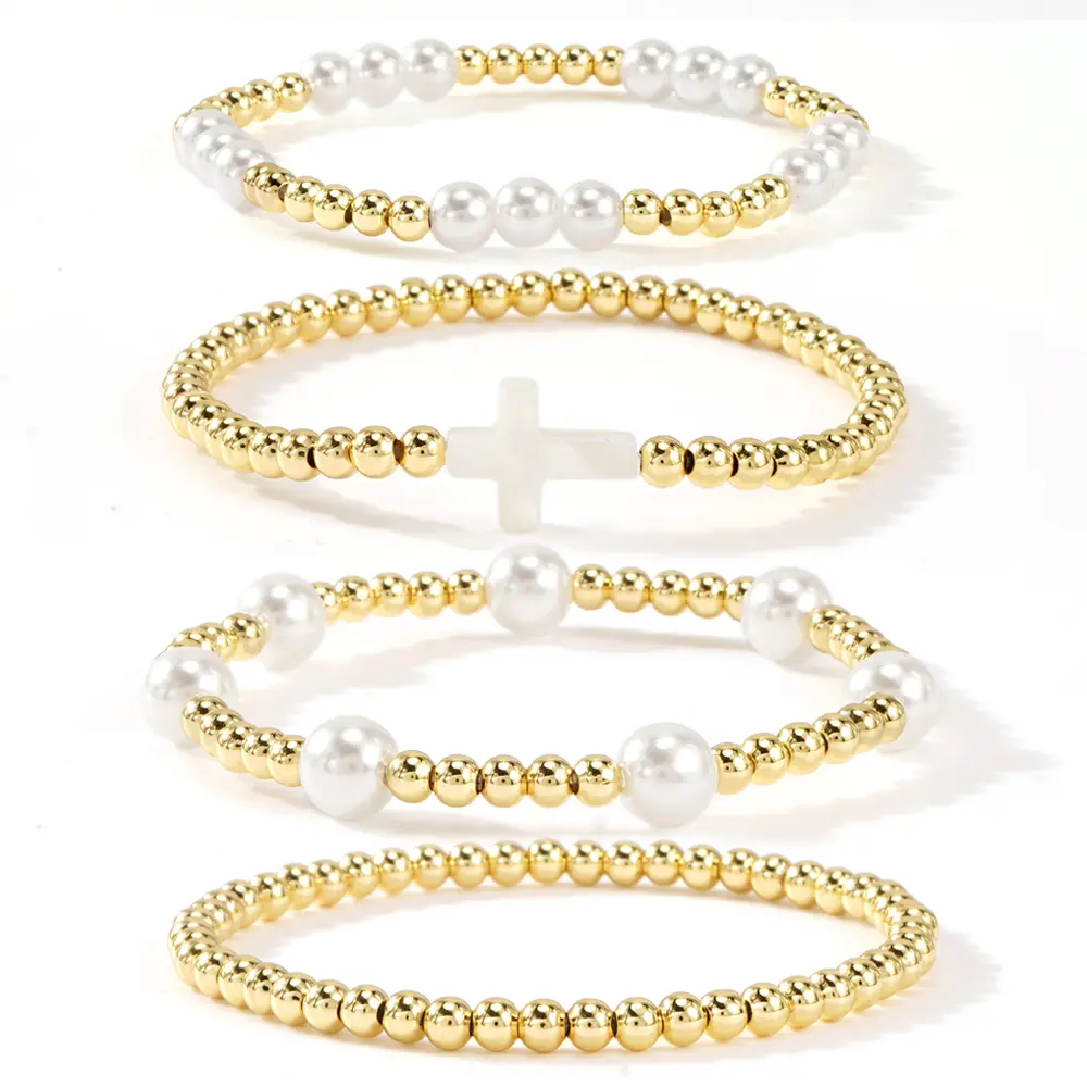 Shinus Boho Christian Gold Beaded Bracelets for Women Stretch 14K Gold Beads Boho Pearl Cross cute Bracelet Stack Non Tarnish Trendy Stackable Jewelry Set Friendship gift for her, Gold Plated Bracelet, Exquisite Bracelet