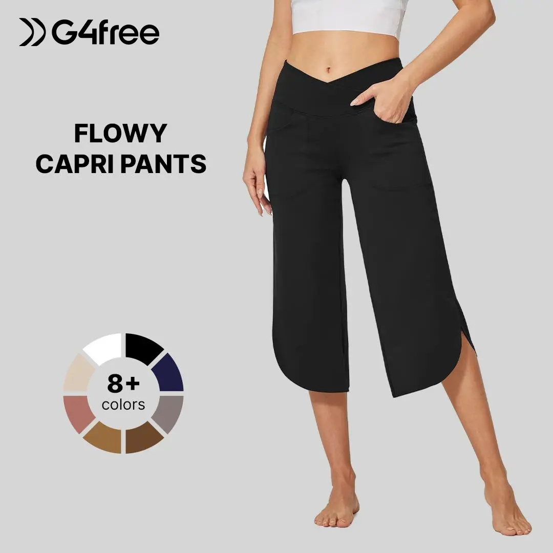 G4Free Women's High Waisted Wide Leg Crossover Capri Pants (21in) - Lady's Basic Everyday Work Pants with Pockets, Baggy, Breathable, Casual Chic