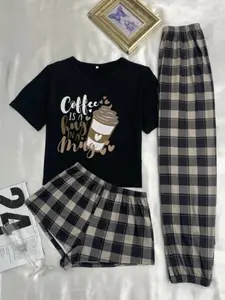 Women's Cute Sleepwear Three-Piece Set, Cartoon Print Round Neck Short Sleeve T-Shirt, Plaid Shorts and Pants, Comfortable Casual Fitted Home Wear, Pajama, Pjs, Loungewear, Womenswear, Lady, Checkered Lounge Set