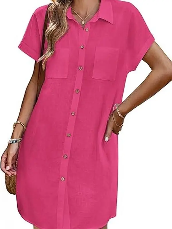 ZEAGOO Womens Button Down Shirt Dress Summer Cotton Linen Dress V-Neck Mini Dress Casual Short Sleeve Loose Tunic Dresses