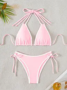 Summer Sweetheart: Pink Contrast Stitch Halter Bikini Set – Cute Zigzag Trim & Adjustable Straps for a Flattering Two-Piece Bathing Suit