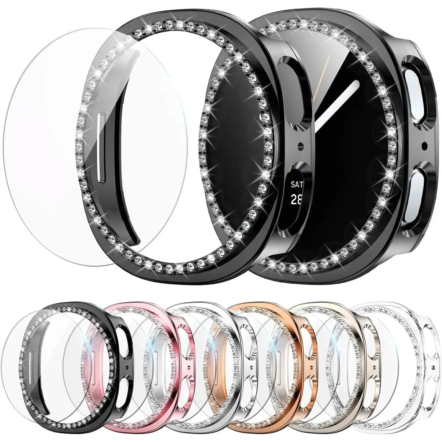 6+6 Pack Bling Wearable Accessories Set for Samsung Galaxy Watch 8 40mm - Sparkling Rhinestone Hard PC Case, HD Anti-Fog Tempered Glass Screen Protector, Shockproof Waterproof Protection Cover