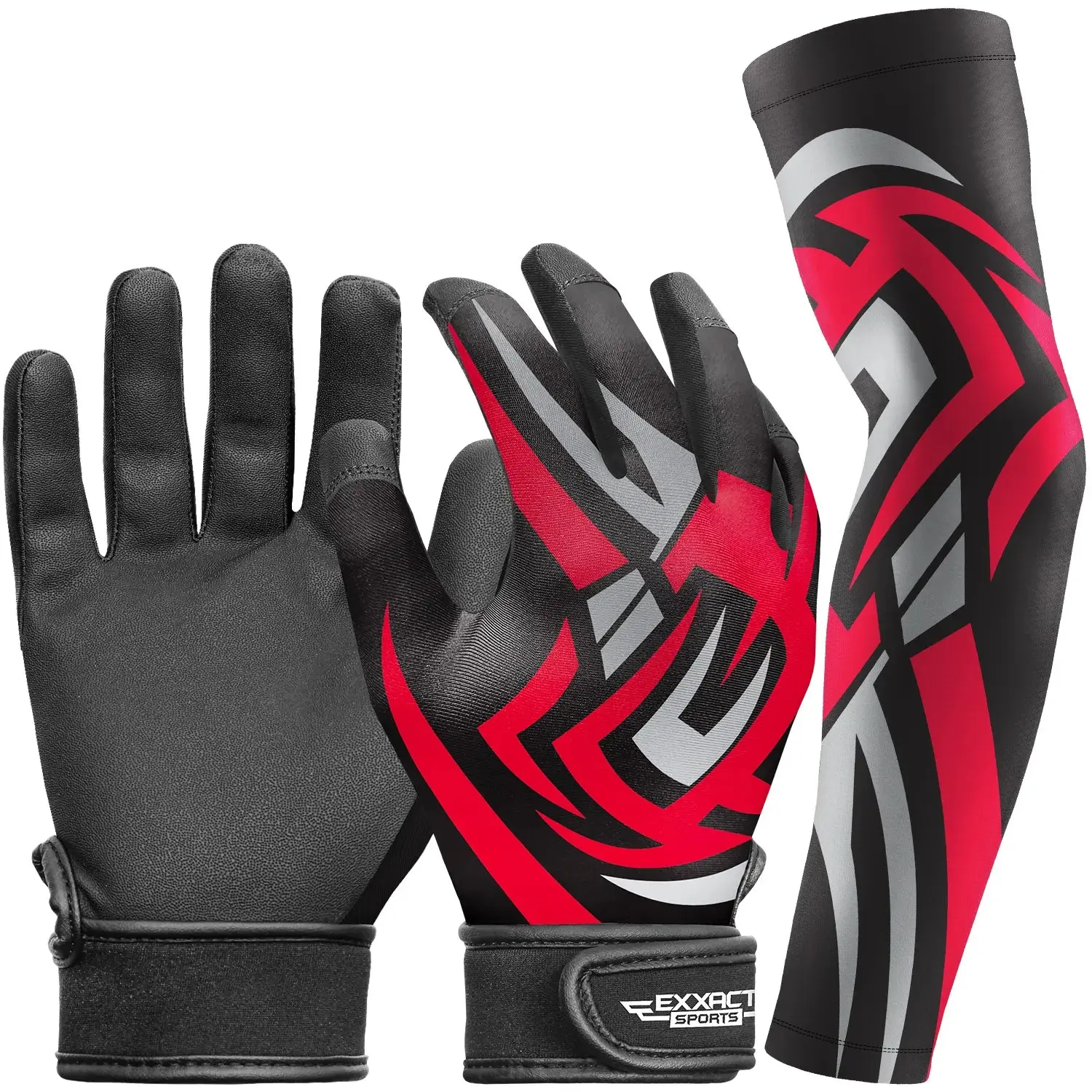 Exxact Sports Youth Tattoo Leather Batting Gloves with Compression Sleeve, Adjustable & Double Stitched for Baseball & Softball, Confidence, Support, Compression Arm Sleeve, Double Stitching, Sturdy, Durable
