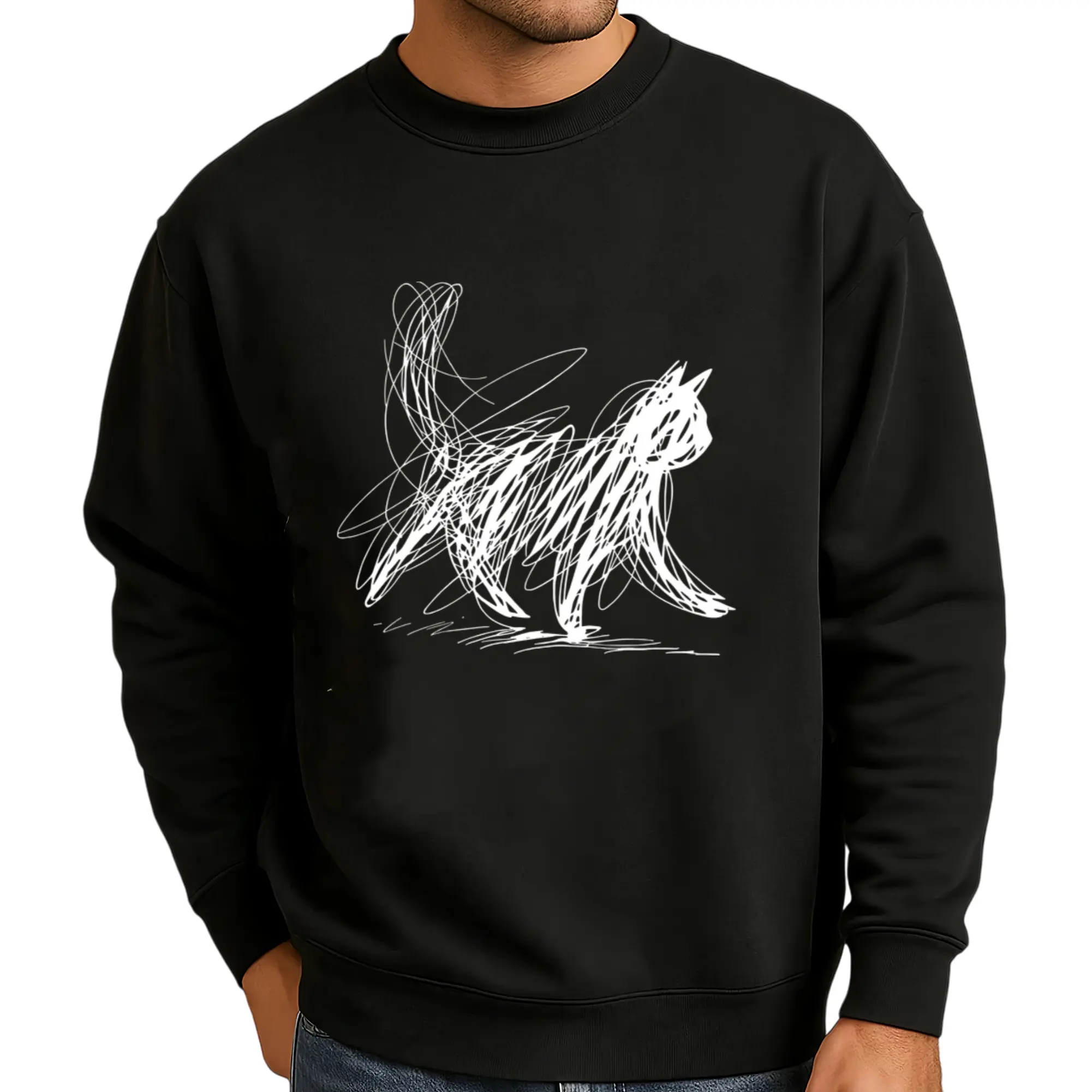 Abstract Cat Line Long Sleeve Sweatshirt – Unisex Casual Crew Neck Top with Whimsical Sketchy Graphic, Regular Fit for Year-Round Style