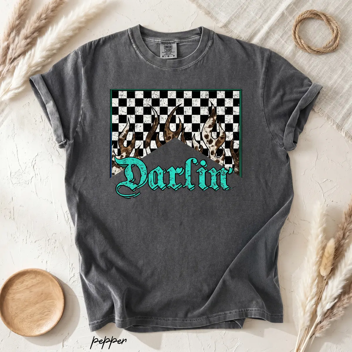 Comfort Colors Darlin Graphic T-Shirt, Western Checkered Cow Skull Flame Retro Cowgirl Unisex Cotton Country Tee