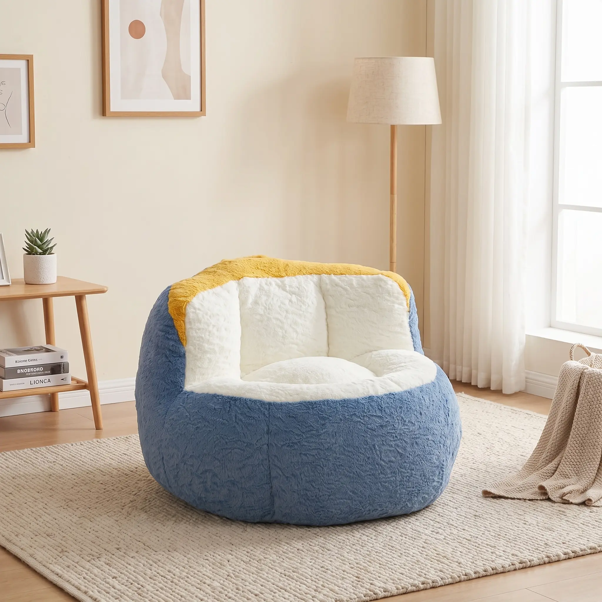 Faux Rabbit Fur Oversized Bean Bag Chair - Blue White Yellow Multicolor, Shredded Foam, No Assembly Casual Relaxation Floor Chair, Self-Squishy Shapeable Living Room Furniture for Dorm Kids Reading Nook
