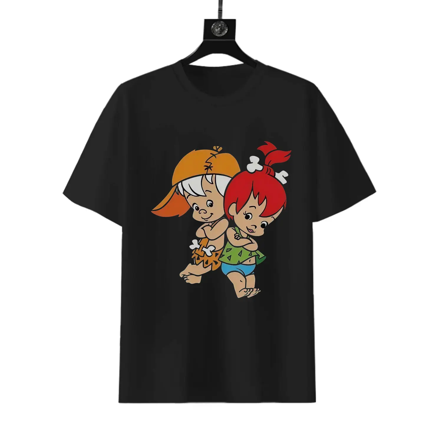 The Flintstones BamBam Pebbles Retro Cartoon Print Women Crew Neck Fitted Tee Nostalgic Animation Daily Top Pure Cotton Oversized Graphic Tee Summer Streetwear Female Outfit Breathable Pre-Shrunk Cartoon Fan Gift Ready