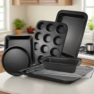 7-Piece Non-Stick Carbon Steel Baking Pan Collection with Round Square Cake Pans Bread Loaf Pan Muffin Tin Cookie Baking Sheet & Cooling Wire Rack