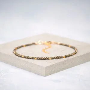 Sofia Natural Pyrite Crystal Dainty Bracelet 2mm Smoky Quatyz Crystal Braided Bracelet Minimalist Style for Daily Use Gift for her, Christmas Gift, Xmas Gift