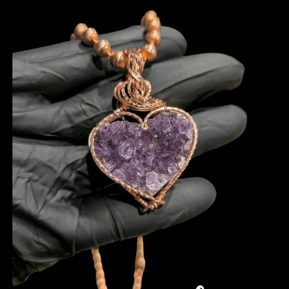 Fancy Wires Wire Wrapped Copper & Amethyst Heart Cluster Pendant with Twisted Frame & 6mm Copper Ball Chain Included