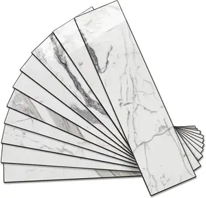 Vamos Tile 40-Piece Glossy Statury White Peel and Stick Backsplash Wall Tiles with Dark Gray Grout, 3" x 12" PVC Faux Stone Backsplash Tiles for Kitchen, Bathroom, Laundry Room, Camper, Fireplace