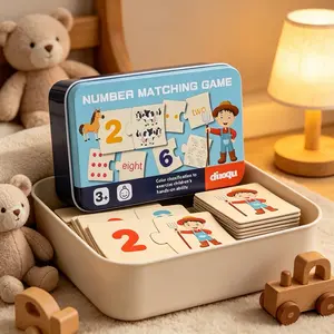 Children's Iron Box Number Matching Puzzle, Digital Enlightenment Pairing Wooden Animal Food Puzzle Board Early Education Math Toys for Kids Boys Girls
